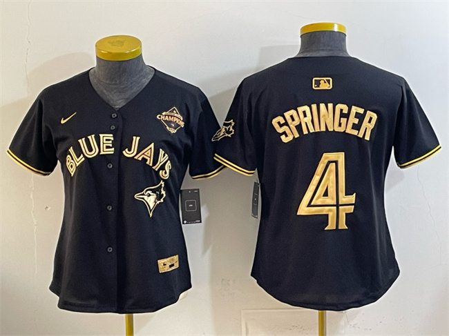 Women's Toronto Blue Jays #4 George Springer Black Gold 2025 American League Champions Limited Stitched Baseball Jersey(Run Small) Women's Toronto Blue Jays #4 George Springer Black Gold 2025 American League Champions Limited Stitched Baseball Jersey(Run Small)